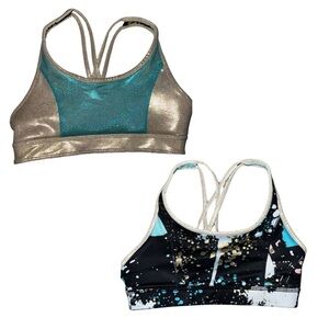 🍄 3/$25 Justice Girls Reversible Sports Bra Black Turquoise and Gold Size 10